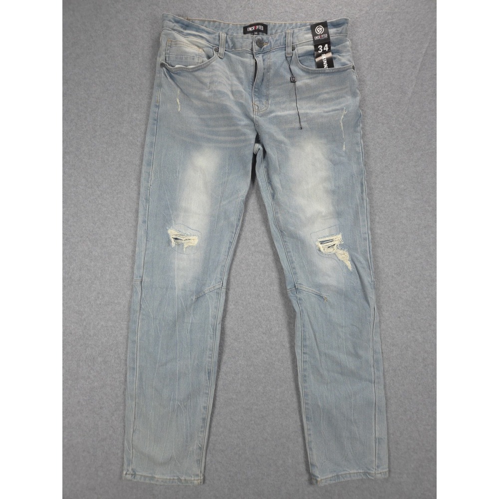 Encrypted Mens Size 34x32 Light Blue Wash Skinny Fit Denim Jeans Distressed